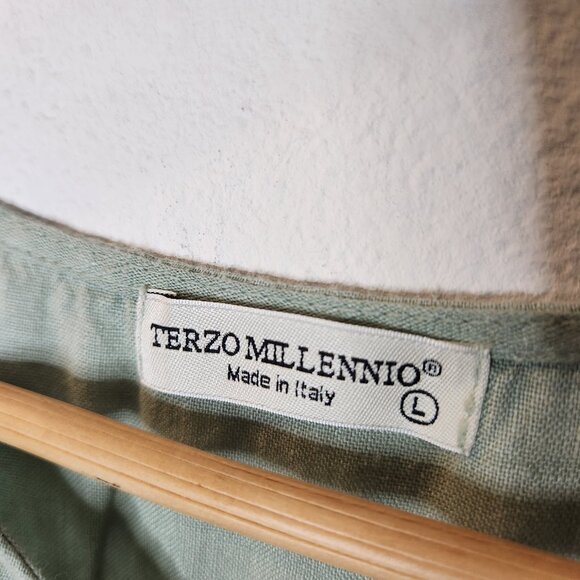 Terzo Millennio Womens Large Green 100% Linen Dress Tie Sleeves - Picture 3 of 8